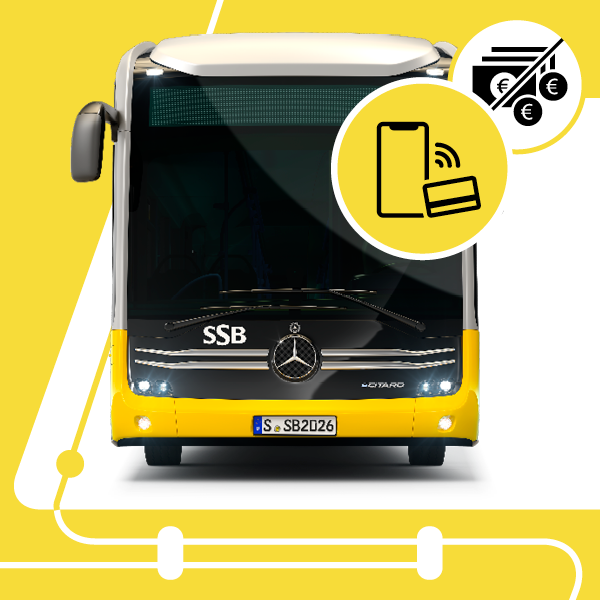 Frontalansicht eines SSB-Busses mit einem Icon mit durchgestrichenem Bargeld und einem Icon für digitale Bezahlmethoden.