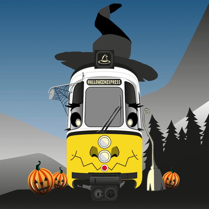 Eine Illustration einer Halloween-dekorierten Oldimer-Straßenbahn mit schwarzem Hexenhut.